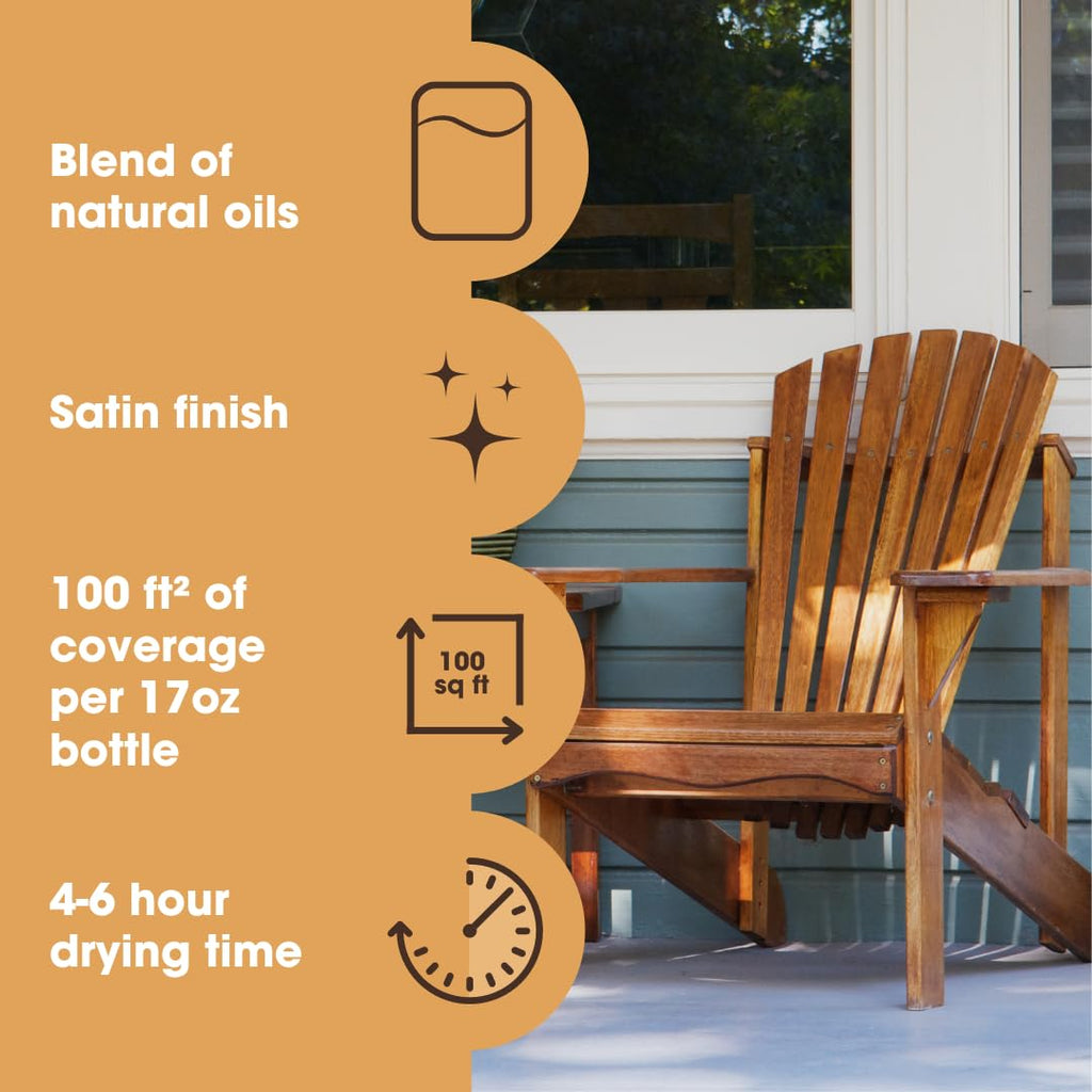 Furniture Clinic Danish Oil | Wood Care for Interior & Exterior Furniture | Restore, Seal & Protect Oak, Pine, Teak & More | Non-Toxic Natural Satin Finish | Repels Water, Stains, Dirt | 17oz/500ml