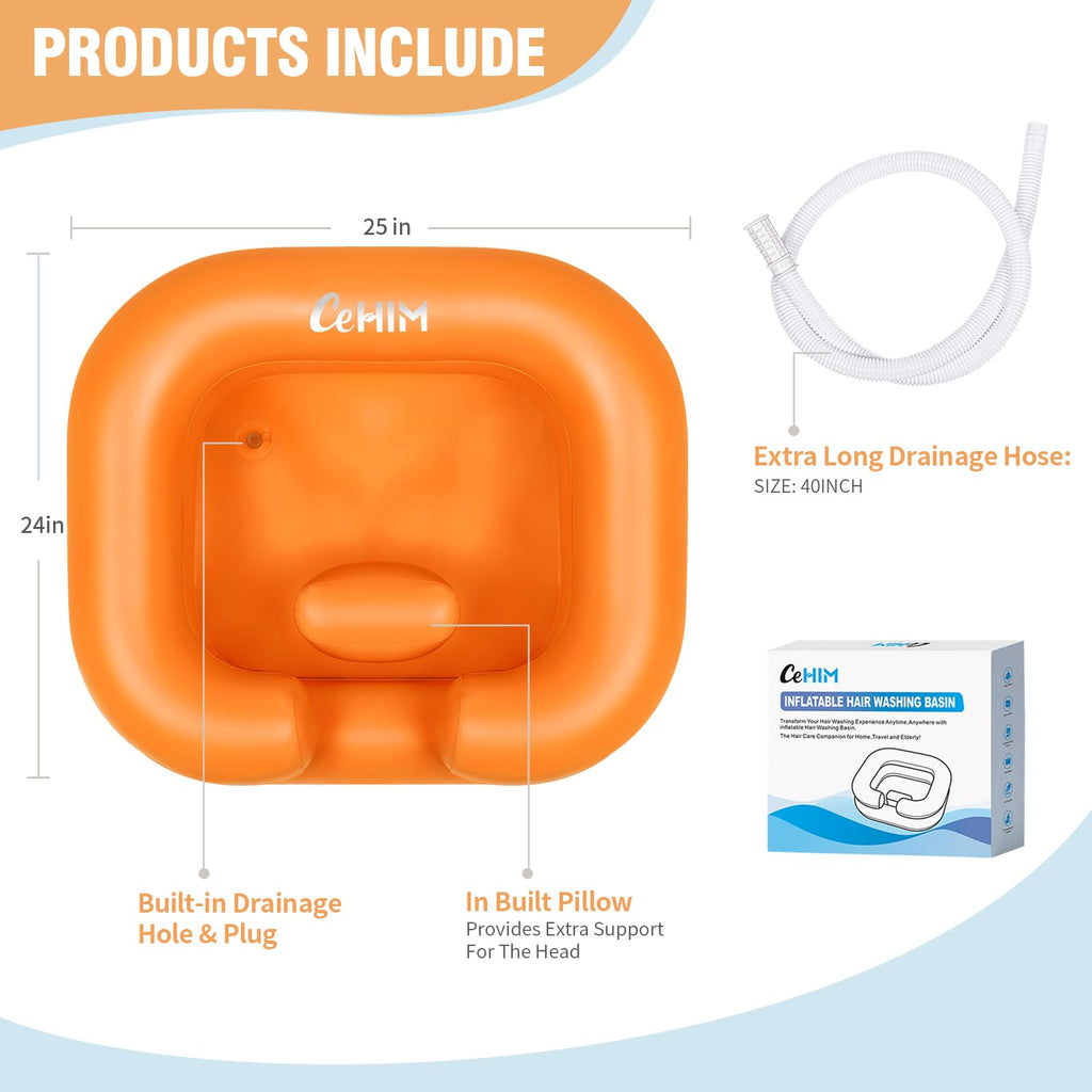 Cehim Inflatable Shampoo Basin - Portable Shampoo Bowl, Hair Washing Basin for Bedridden, Disabled,Injured, Hair Wash Tub for Dreadlocks and at Home Sink Washing (Orange, 15in Inner)