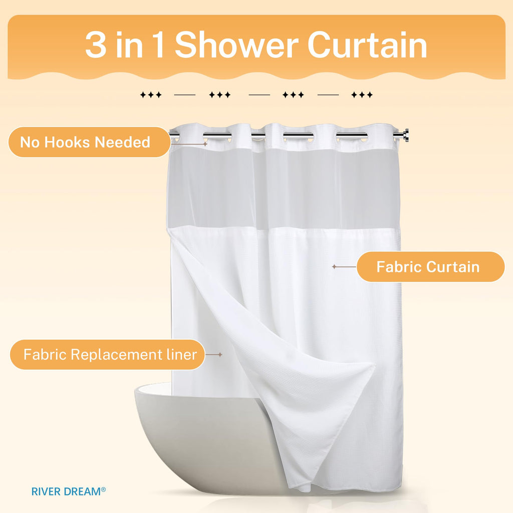 RiverDream Heavyweight Waffle No Hook Shower Curtain with Liner,White,71x74