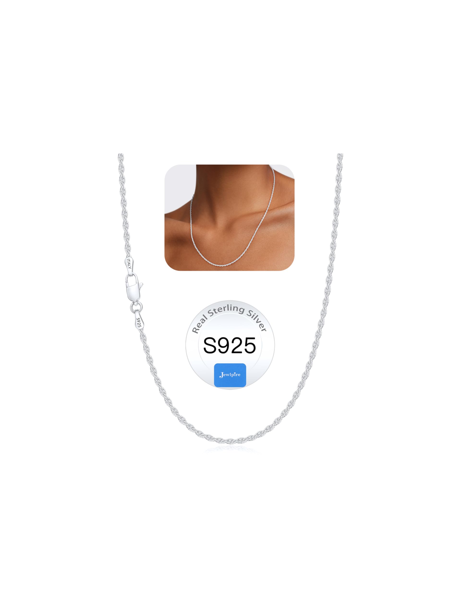 Jewlpire 925 Sterling Silver Chain Necklace for Women, 2mm Rope Chains Silver Chain for Women Sturdy Sterling Silver Necklace, Silver Chain 26 Inch