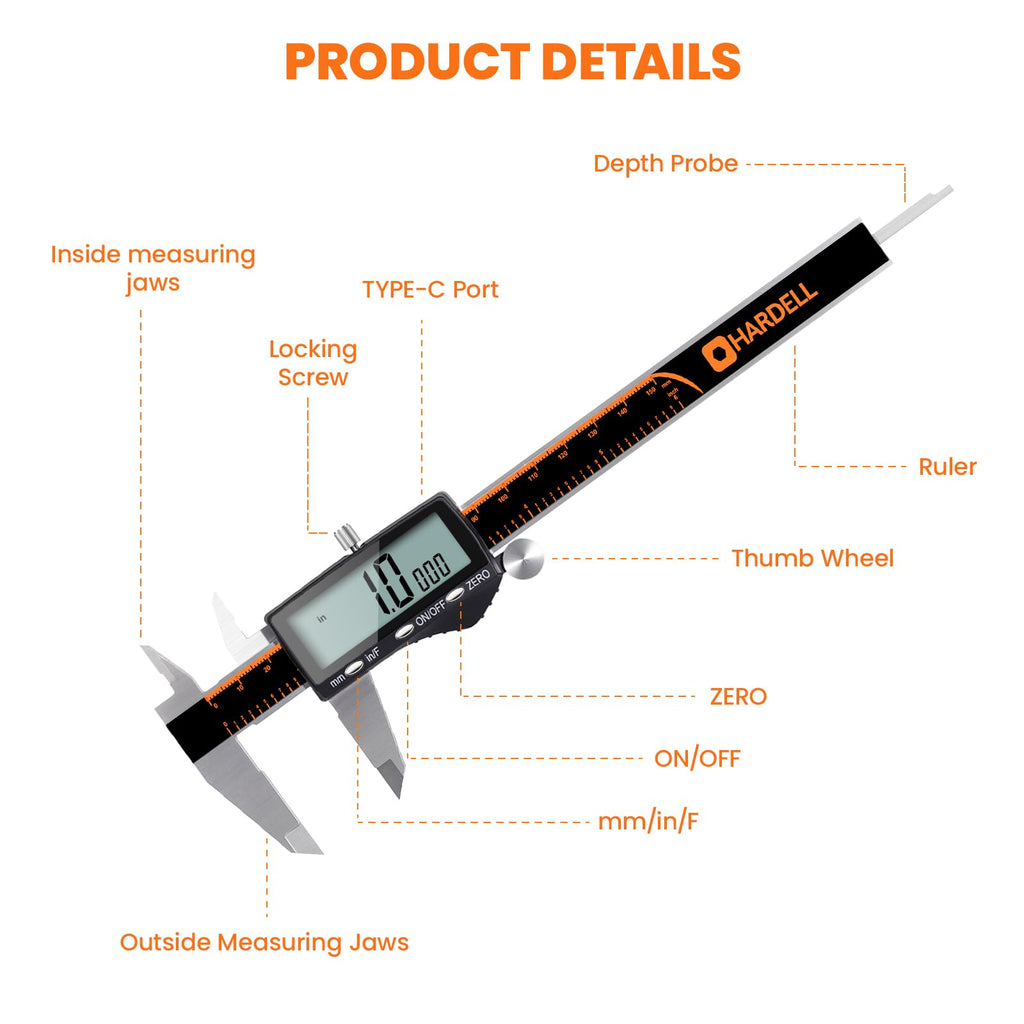 HARDELL Digital Caliper, Rechargeable Calipers with Large LCD Screen, Stainless Steel Caliper Measuring Tool, Auto-Off Micrometer, Inch/MM/Fraction for DIY/Household/3D-printing