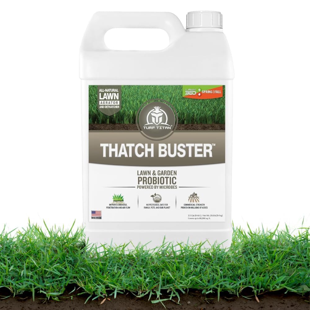 Turf Titan Thatch Buster Lawn Aerator & Grass Dethatcher (1 Gallon) – All-Natural Liquid Soil Loosener & Conditioner for Green Grass – Healthy Soil in 45 Days – Covers Up to 24,000 Sq Ft