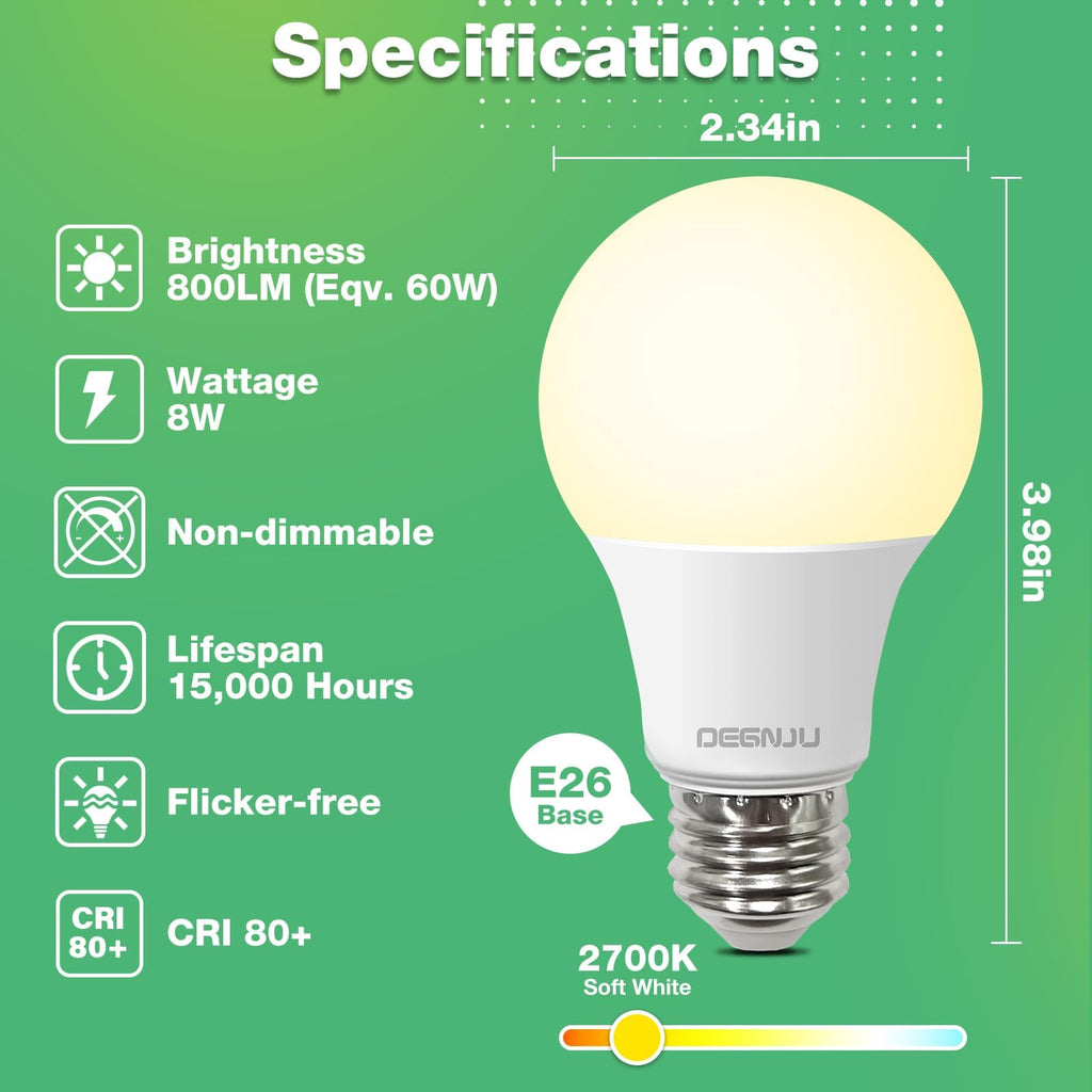 DEGNJU A19 LED Light Bulbs, 60 Watt Equivalent LED Bulbs, Soft White 2700K, 800 Lumens, E26 Standard Base, Non-Dimmable, 8W Warm White LED Bulbs for Bedroom Living Room, 6 Pack