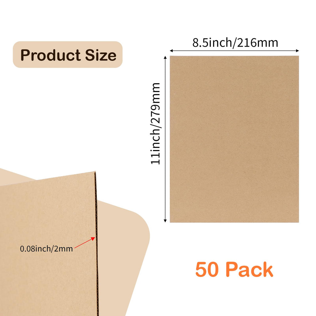 Calenzana 50 Pack 8.5x11 Inch Brown Corrugated Cardboard Sheets Flat Cardboard Sheets for Packing Mailing Dividers and DIY Crafts