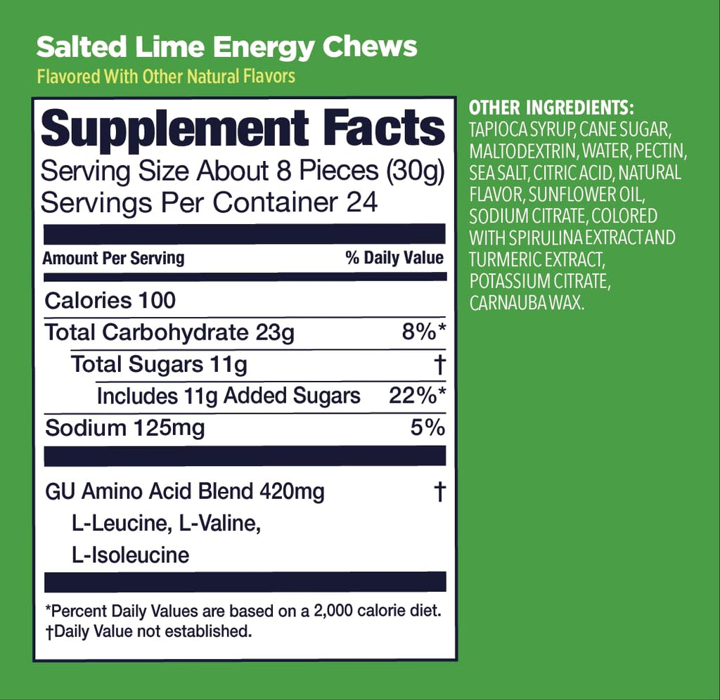 GU Energy Chews, Salted Lime Energy Gummies with Electrolytes, Vegan, Gluten-Free, Kosher, Caffeine-Free, and Dairy-Free On-The-Go Energy for Any Workout, 12 Bags (24 Servings Total)