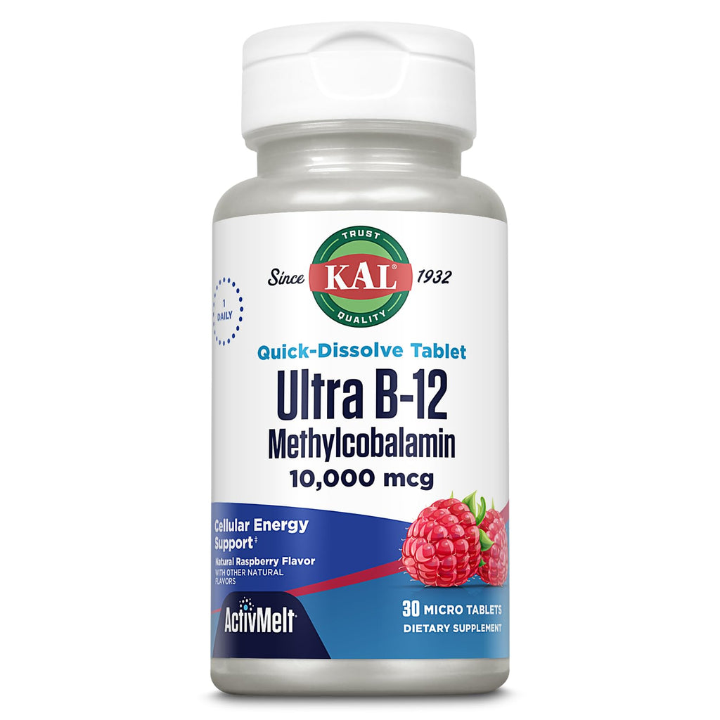 KAL Ultra B12 Methylcobalamin 10,000mcg, High Potency Vitamin B-12 for Healthy Energy, Metabolism, Nerve, Red Blood Cell Support,* Natural Raspberry Flavor, Vegetarian, 30 Micro Tablets, 30 Servings
