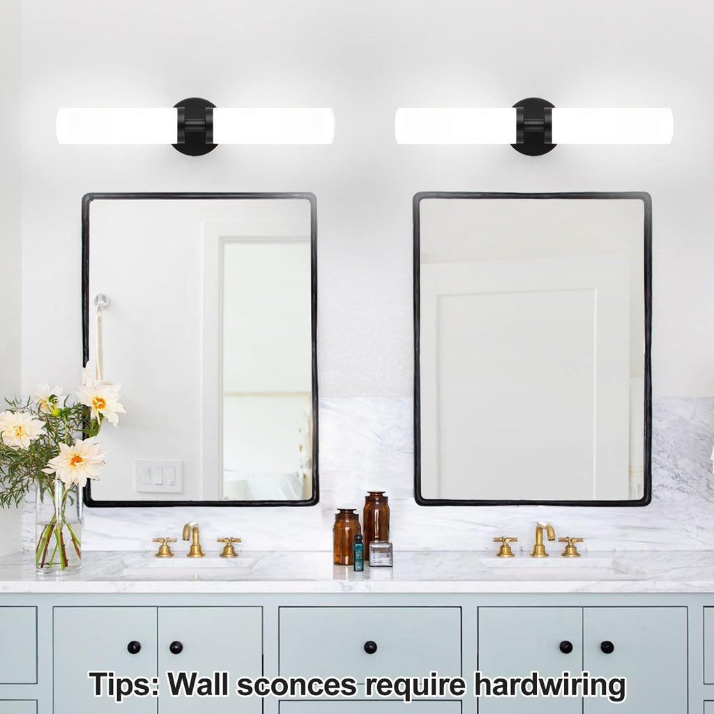 Wall Sconces Set of Two, Matte Black Bathroom Sconces Wall Lighting with Milky White Glass, Hardwired Modern Sconces Wall Decor Set of 2 Bathroom Light Fixtures for Mirror Living Room Hallway Bedroom