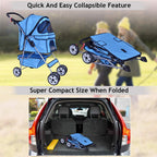 4 Wheels Pet Stroller Cat Dog Cage Stroller Travel Folding Carrier with Cup Holders and Removable Liner for Small-Medium Dog, Cat (Blue)
