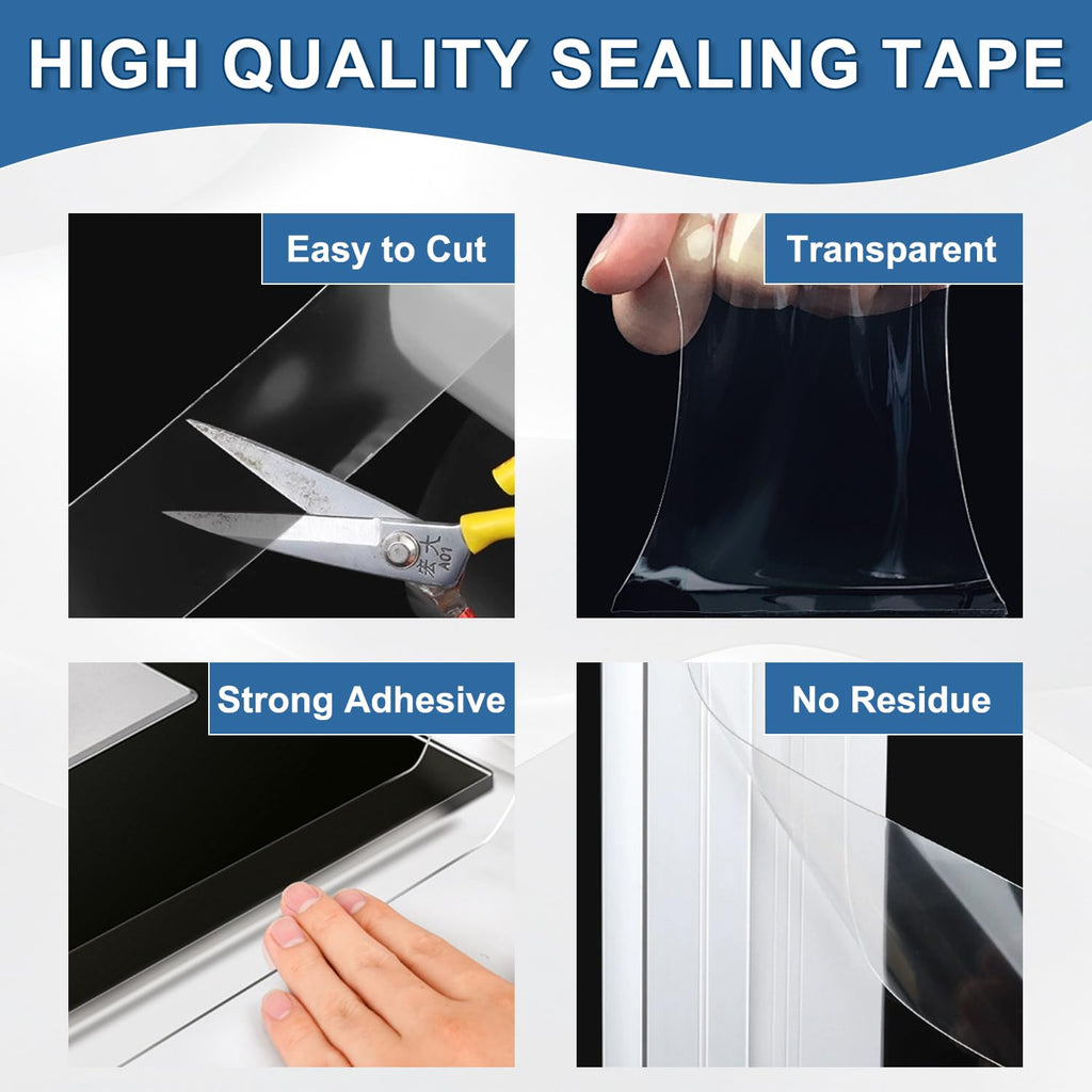 Transparent Window Weather Sealing Tape 3IN x 33 FT Draft Isolation No Residue Removable Adhesive Waterproof Windows Doors Shower Glass AC Units Ideal for Winter Seal & Summer Cold Air Loss Prevention