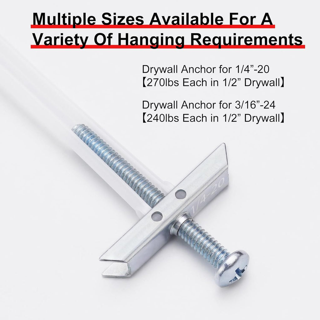 Heavy Duty Drywall Anchor Bolts with 1/4"-20 Fastener Suitable for TV Mounting Hollow Wall Anchor Bolt Screw Kit Supports Up to 270 lbs Each on 1/2 Inch Drywall Pack of 20