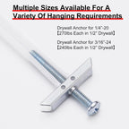 Heavy Duty Drywall Anchor Bolts with 1/4"-20 Fastener Suitable for TV Mounting Hollow Wall Anchor Bolt Screw Kit Supports Up to 270 lbs Each on 1/2 Inch Drywall Pack of 20