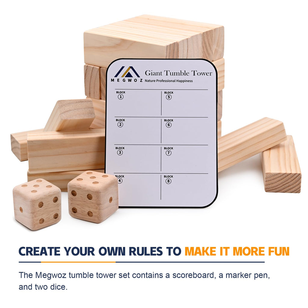 Megwoz Giant Tumble Tower Games for Kids and Adults 57 Blocks New Zealand Pine Wooden Blocks Stacking to Over 4.2FT Family Game for Indoors Outdoors Yard Games for Family