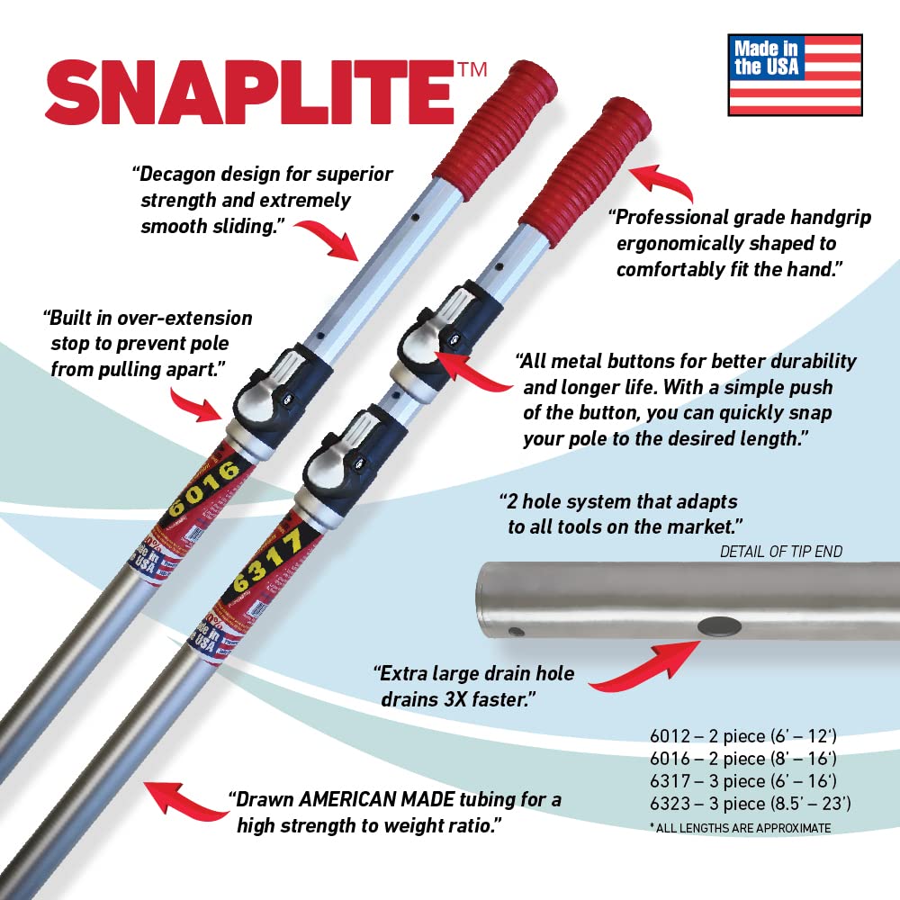 SKIMLITE MANUFACTURING Snaplite Telescopic Pool Pole 12 Ft Adjustable Cleaning Poles Push Button Lock Light Weight Easy Grip, Includes Universal Threaded Adapter for Skimmer Net Brush Vacuum Head