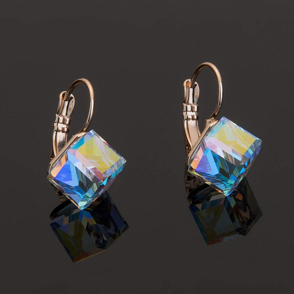 EVEVIC Austrian Crystal Cube Drop Leverback Earrings for Women
