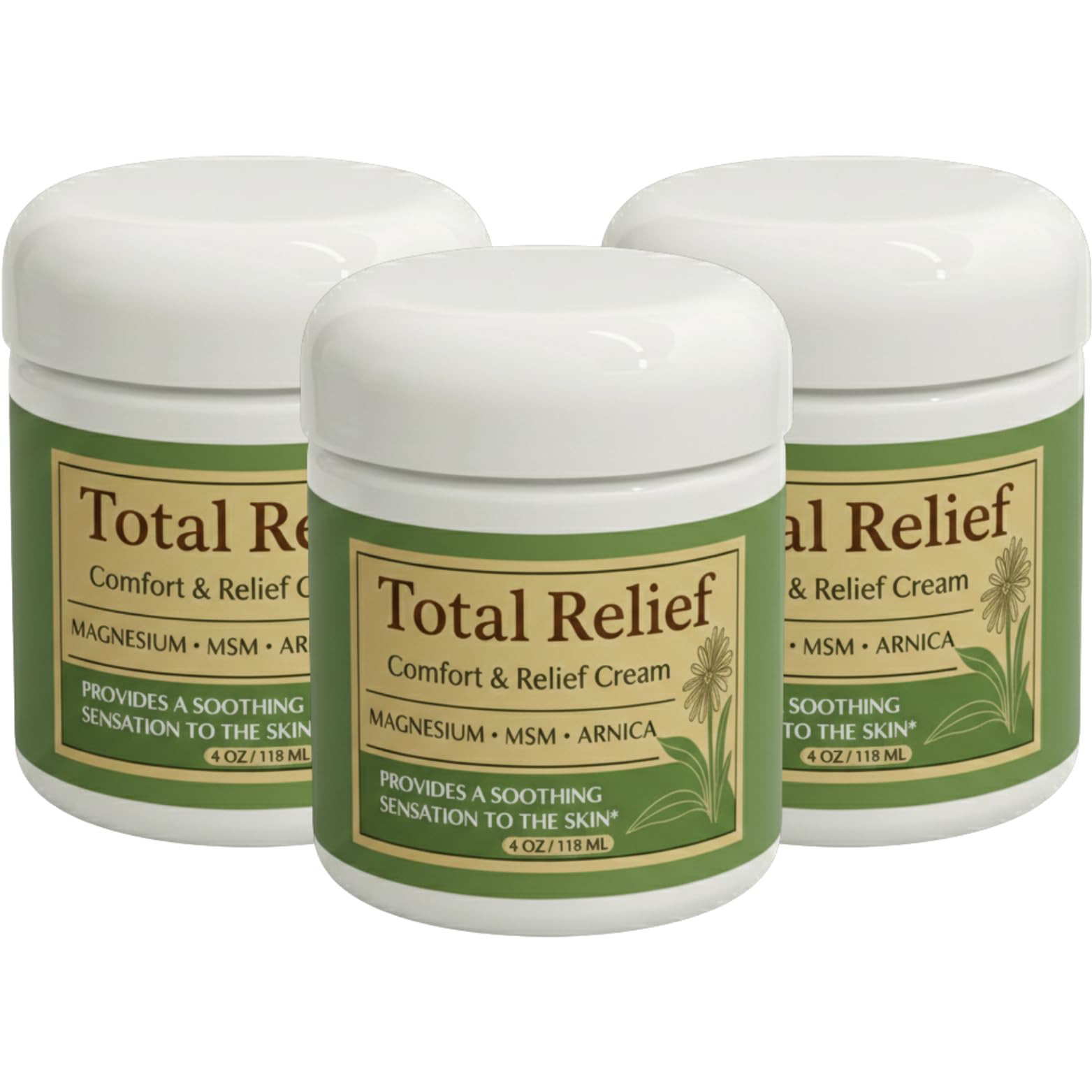 HiRelief Total Relief Magnesium Cream for Comfort – Fast-Absorbing MSM & Arnica Cream for Healthy, Comfortable Nerves and Daily Comfort – 4 Fl Oz (Pack of 3)