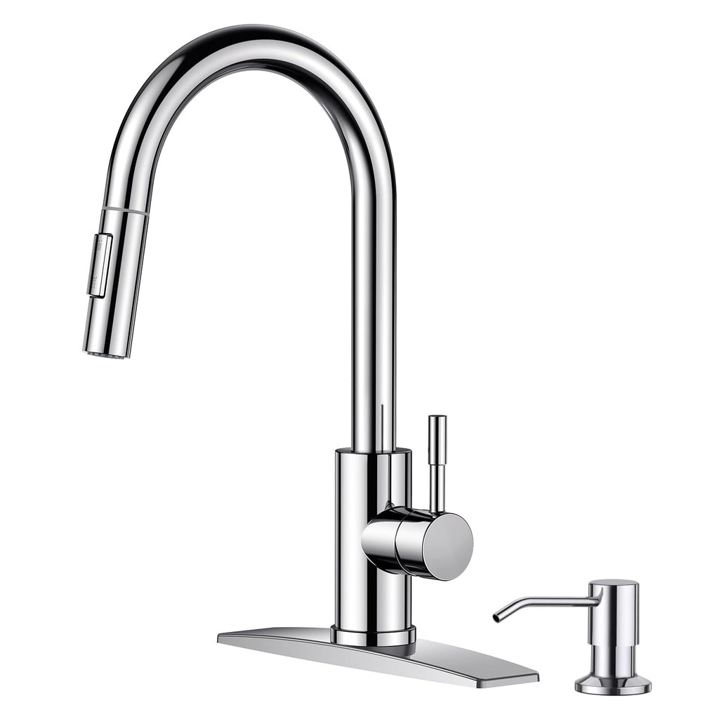 FORIOUS Chrome Kitchen Faucet with Soap Dispenser, High Arc Modern Sink Faucet with Pull Down Sprayer and Deck Plate, Stainless Steel Fit for 1 or 3 Hole for Pot Filler Bar Farmhouse Laundry Rv