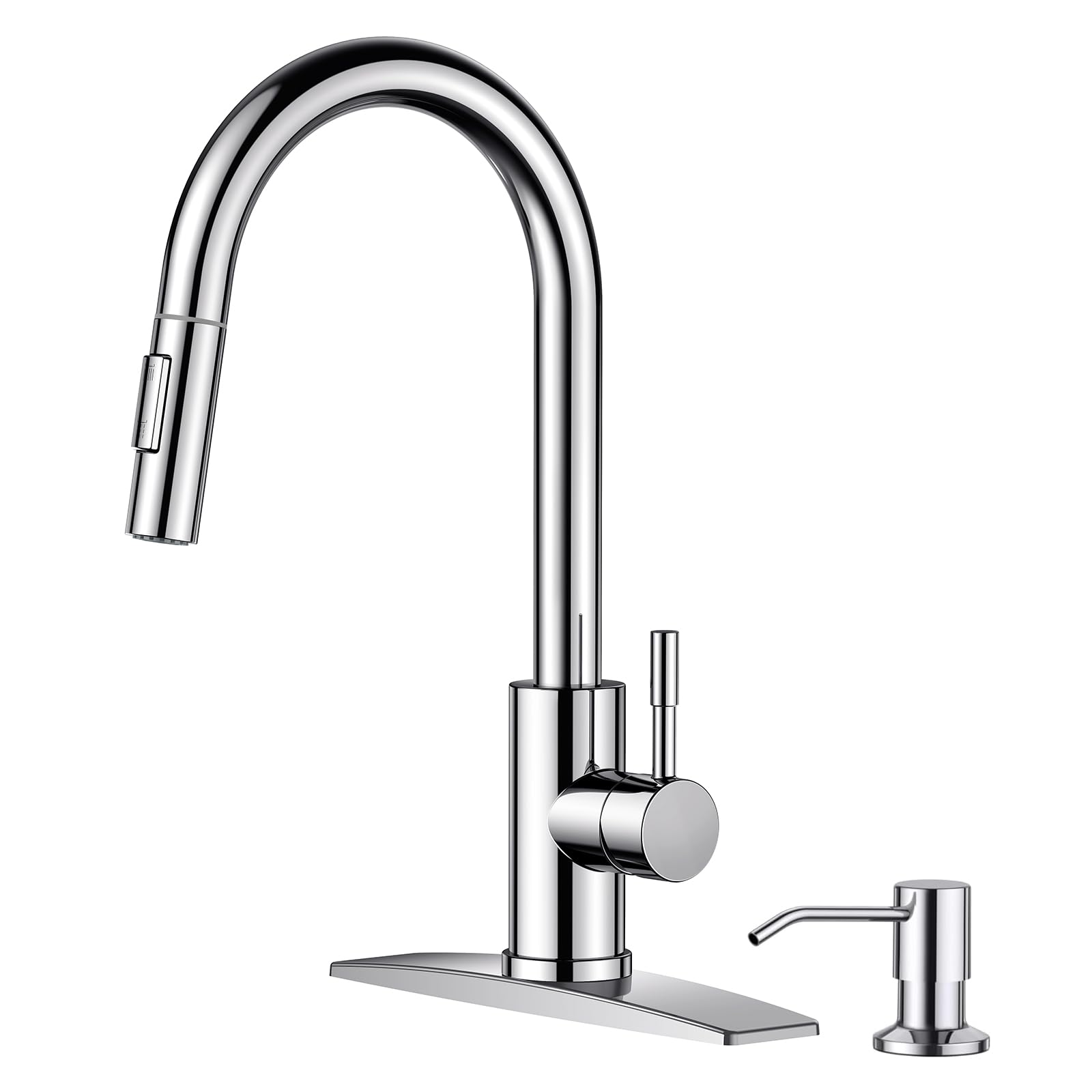 FORIOUS Chrome Kitchen Faucet with Soap Dispenser, High Arc Modern Sink Faucet with Pull Down Sprayer and Deck Plate, Stainless Steel Fit for 1 or 3 Hole for Pot Filler Bar Farmhouse Laundry Rv