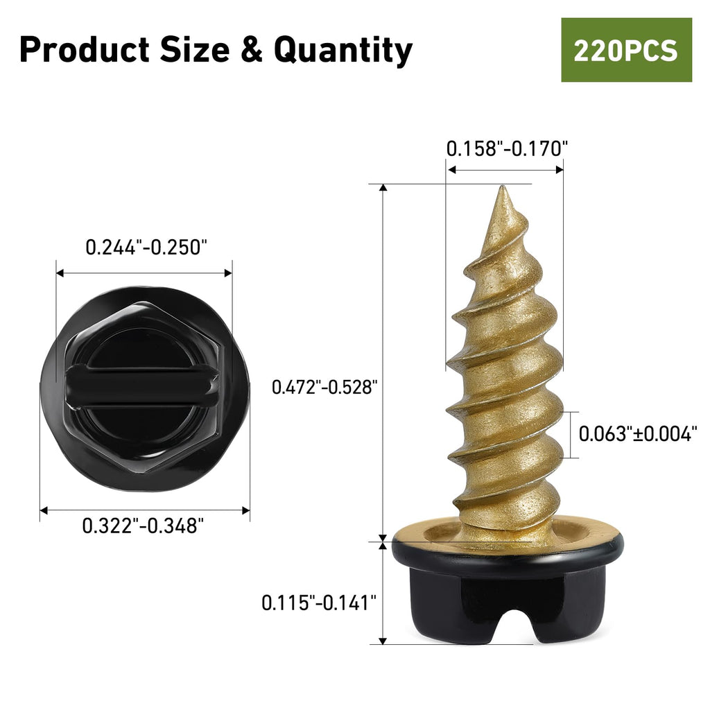 SVLING #8 x 1/2" Self Tapping Gutter Screws, 220PCS Black Painted Slotted Hex Head Sheet Metal Screws Golden Thread Ruspert Coating Finish, 1/4" Hex Bit Socket Included