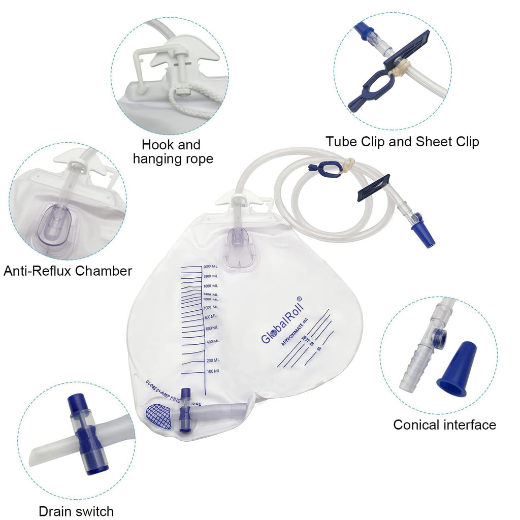 GlobalRoll Urinary Drainage Bag with Anti-Reflux Chamber, Urine Bag with 2000 mL Volume, 48" Drainage Tube, Clips and Hanging Hook, Professional Urinary Bag for Home and Hospitals Health Aids,10 Pack