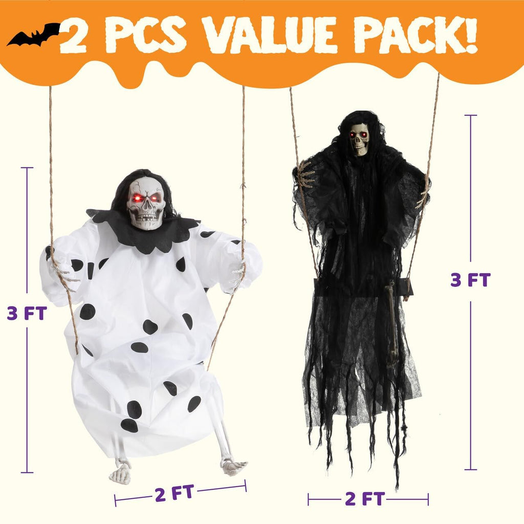 JOYIN 2 Pcs Halloween Hanging Swinging Ghosts Decorations Outdoor, Halloween Scary Decor with Lighted Up Eyes, Creepy Swinging Skeleton Flying Props for Yard Patio Lawn Garden