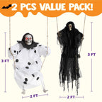 JOYIN 2 Pcs Halloween Hanging Swinging Ghosts Decorations Outdoor, Halloween Scary Decor with Lighted Up Eyes, Creepy Swinging Skeleton Flying Props for Yard Patio Lawn Garden