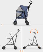 OS MOTOR Pet Stroller with 4 Wheels for Small/Medium Pets, Portable Travel Foldable Carrier Jogger for Dog Cat Puppy Kitty, Rear Wheel Breaks, Storage Basket, Visible Mesh Weather Cover (Navy Blue)