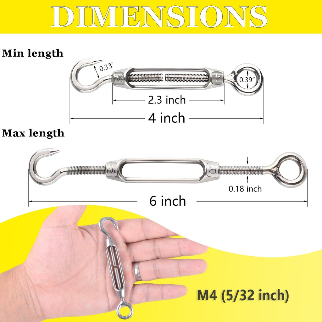 Turnbuckle Lsqurel 10PCS 304 Stainless Steel Turnbuckle Hook and Eye Heavy Duty M4 M6 M8 M10 Tensioner Adjustable Shade Sail Hardware for Tightening up Metal Cable Wire 5/32 1/4 5/16 3/8