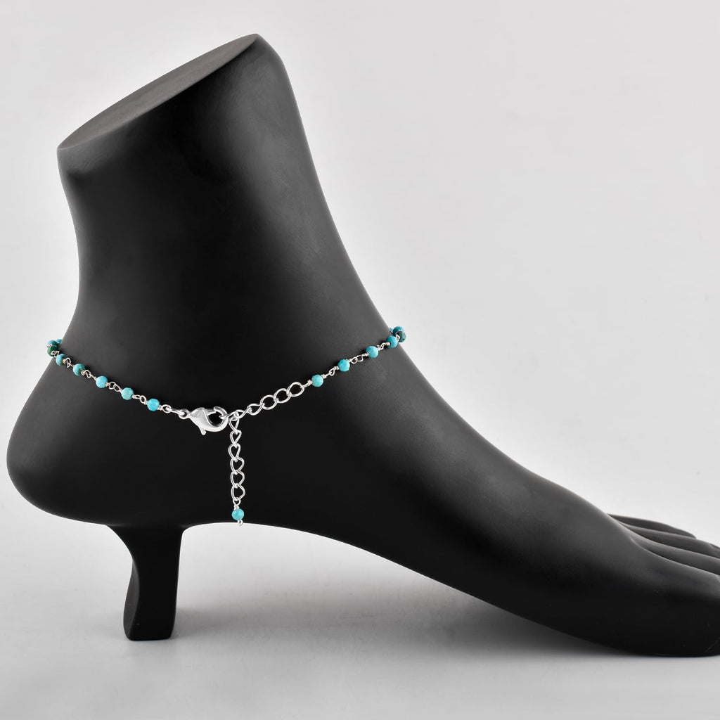 YANARA Blue Turquoise Anklet for Women, Dainty Boho Summer Beach Jewelry for Girls, December Birthstone Handmade Charm Ankle Bracelets Silver Plated 9+1.5 inch Chain, Mother's Day Jewelry For Her