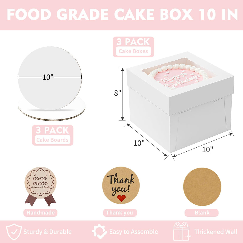 Vorfre 3 Pack Cake Boxes, 10x10x8 Inches Tall Cake Box with Cake Boards, White Bakery Boxes with Window, Disposable Cake Containers with Lids for Cake, Donuts, Pies, Cookies, Wedding, Birthday, Party