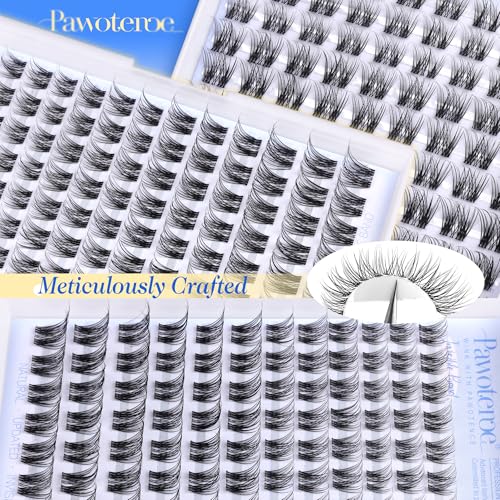 Pawotence Lash Clusters Kit Wispy Clear Band Lash Extension Kit 10-16mm Cluster Eyelash Extensions Kit Individual Lashes Wipsy Eyelash Clusters with Clear Lash Bond and Seal, Lash Tweezers