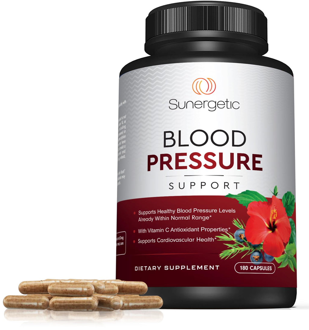 Sunergetic Premium Blood Pressure Support Supplement for Cardiovascular & Heart Health with Garlic, Hawthorn & Hibiscus (180 Capsules)