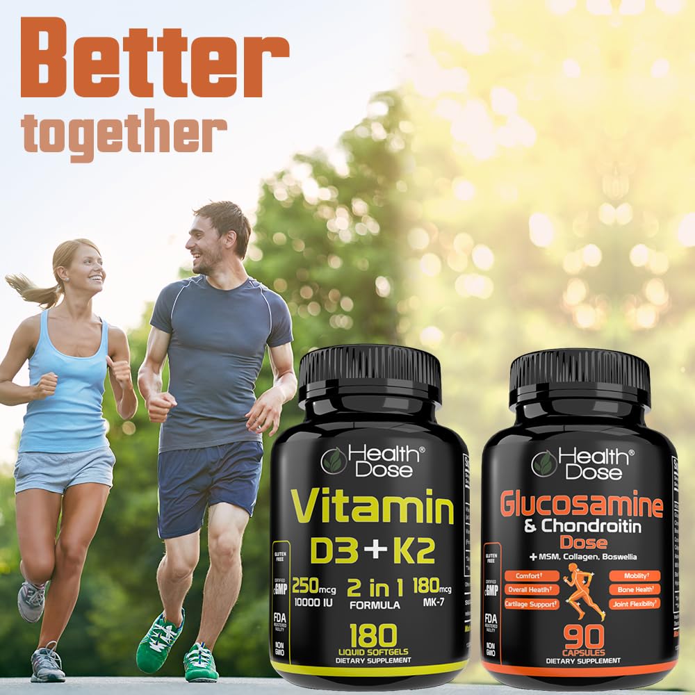 Health Dose Vitamin D3 10,000 IU + K2 (MK7) Supplement, 2-in-1 Formula, Immune Support, a Healthy Mood, Heart, Joint, Teeth, Bone Health, Calcium Absorption, 180 softgels. (3)