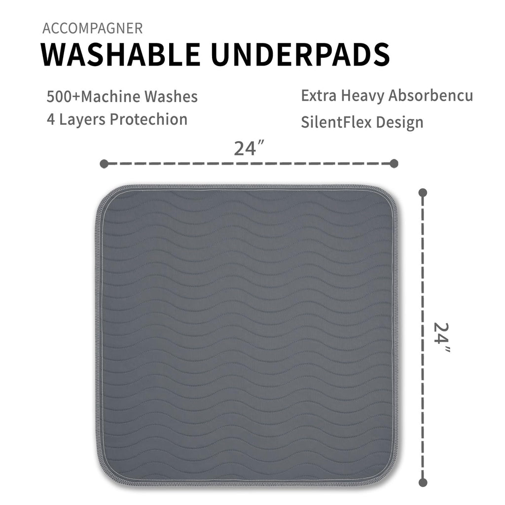 Accompagner Waterproof Reusable for Adults and Pets Washable Pee Pads for Dogs Changing Pad Large Dog Bed Size Adults Incontinence Bed Pads - Non-Slip Leak-Proof (Dark Gray, 24"x24"(Pack of 4))