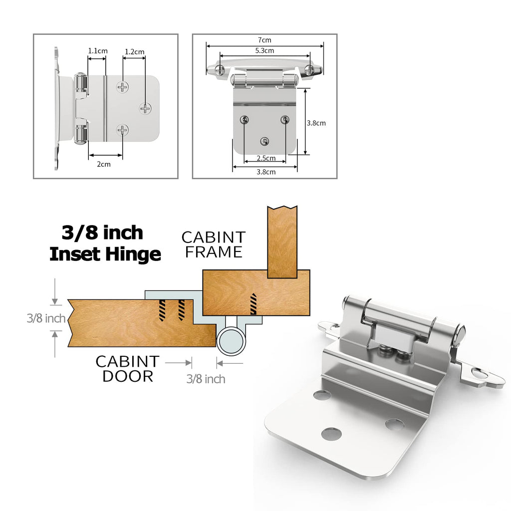 Chibery 3/8 Inch Inset Cabinet Hinges, 10 Pack Self Closing Flush Face Mount Hinges with Door Bumper, Variable Decorative Hardware for Bathroom, Furniture, Kitchen Cabinet Doors, Brushed Nickel