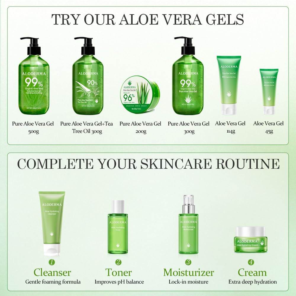 Aloderma 99% Organic Pure Aloe Vera Gel Made within 12 Hours of Harvest, 17.6oz Value Pump, Lightweight Non-Sticky Aloe Vera Gel for Sunburn Relief, Natural, Soothing Aloe Vera for Face & Hair