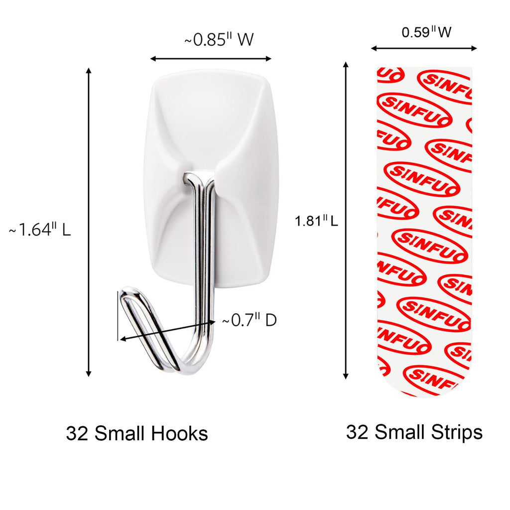 Sinfuo Wire Hooks for Wall Small 32 Hooks, Heavy Duty Wall Hooks with 36 Strips, Damage Free Adhesive Hooks for Key Holder, Coat, Door, Shower Hanging