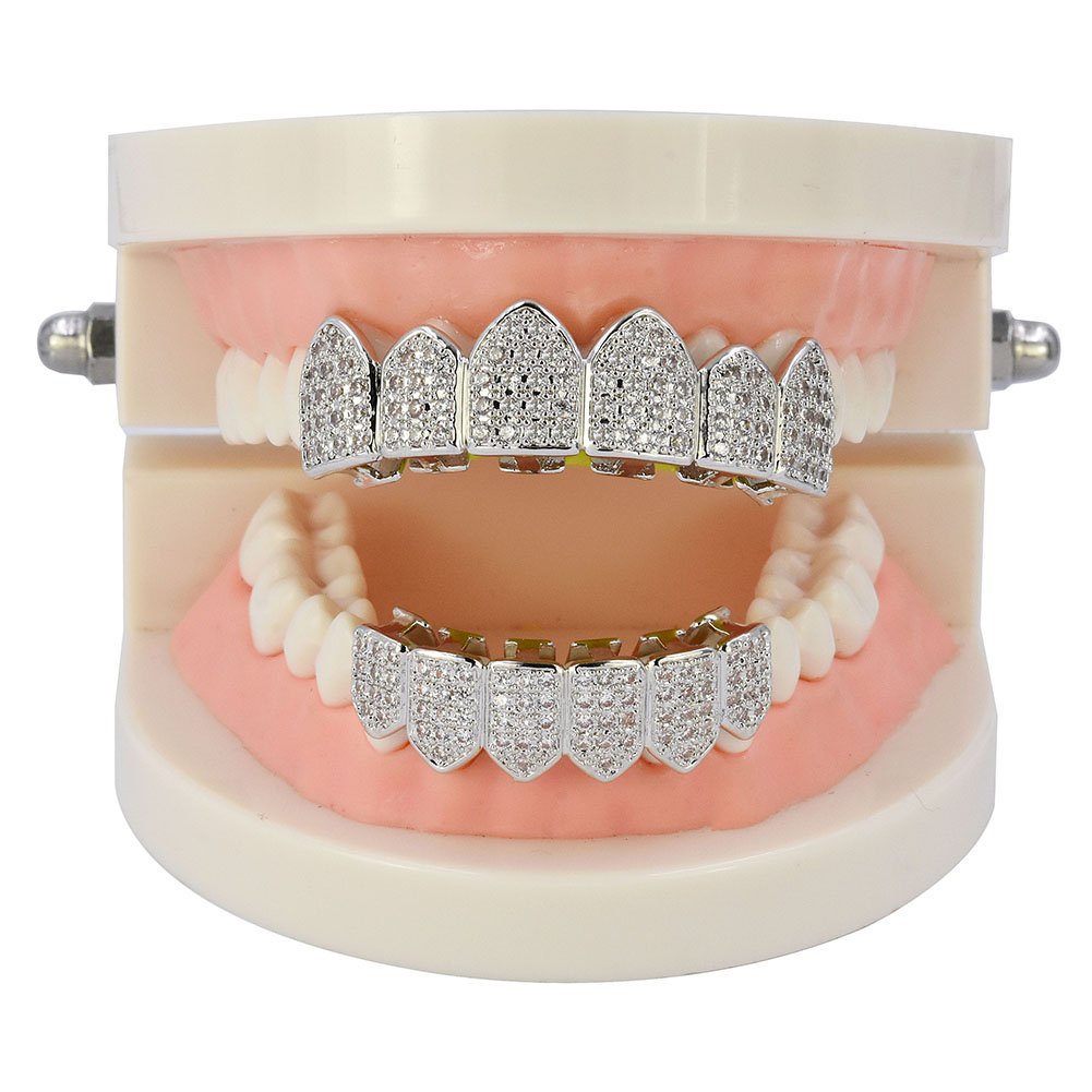 JINAO Grillz Diamond Grills for Your Teeth for Men Women 18K Gold Plated Iced Out Macro Pave Cubic Zirconia Mouth Grill with Extra Molding Bars Included(Silver Set)
