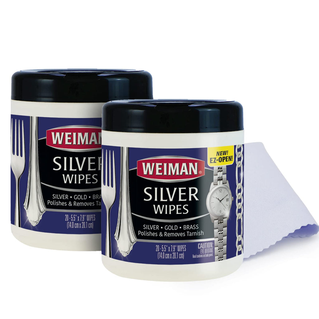 Weiman Jewelry Polish Cleaner and Tarnish Remover Wipes - 20 Count (2 Pack) with Polishing Cloth - Use on Silver Jewelry Antique Silver Gold Brass Copper and Aluminum
