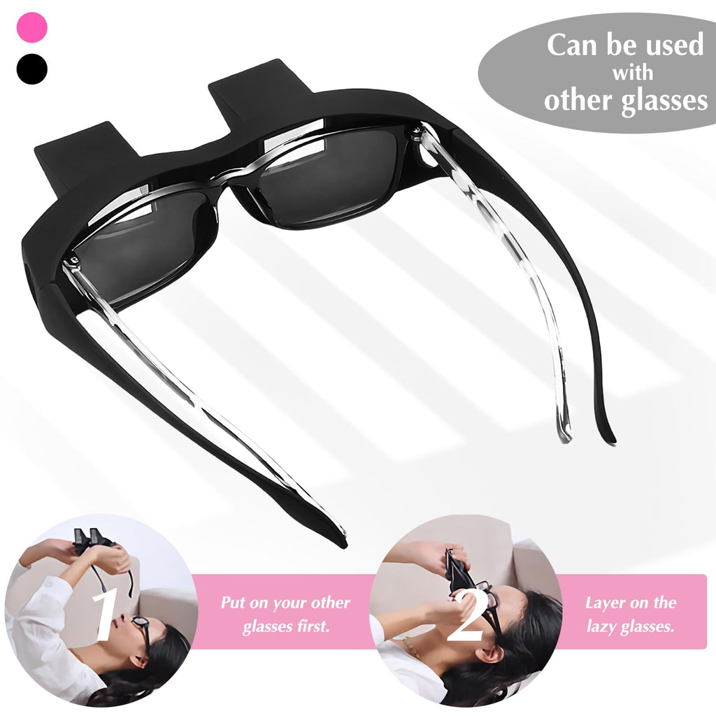 Beiskll Lazy Glasses - Horizontal Reading Prism Glasses, 2 Pack Bed Lie Down Reading & Watching TV Spectacles, Unisex Lightweight Periscope Eyewear（Black+Pink）