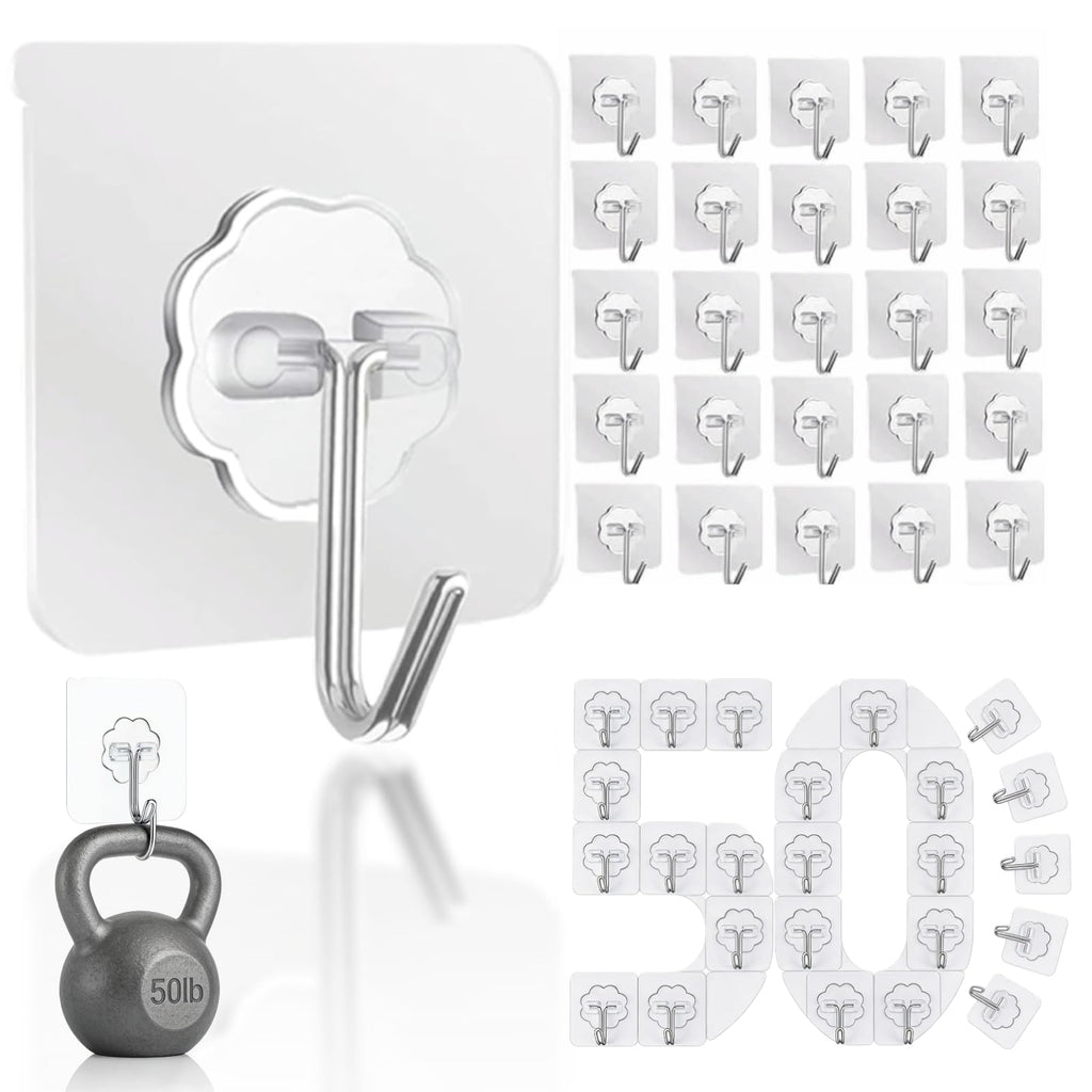 DDMY Hooks for Hanging, 50 Pack Wall Hooks 50lb(Max) Transparent Reusable Waterproof Adhesive Hook for Kitchen Curtain, Towel Hook for Bathrooms, Heavy Duty Self Coat Hook for Walls No Damage