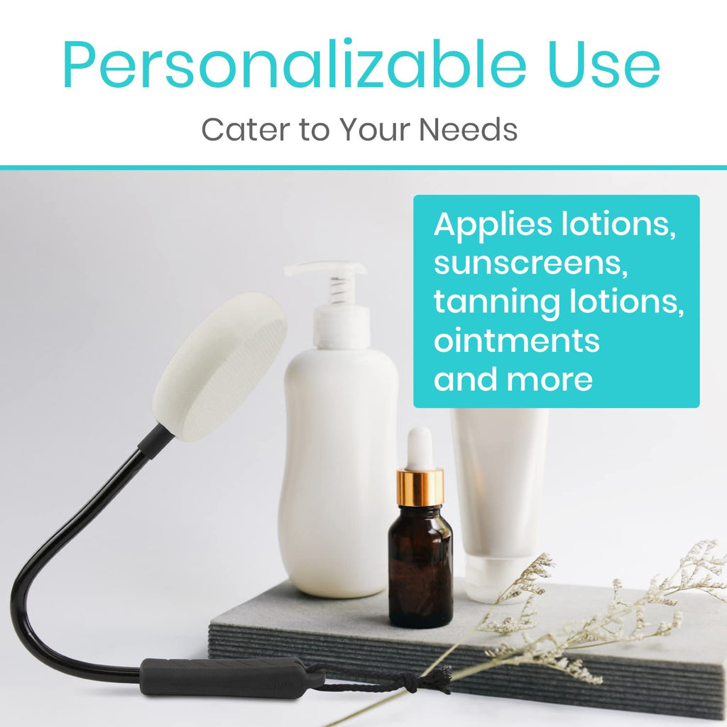 Vive Bendable Lotion Applicator for Your Back - Easily Apply Sunscreen, Self Tanner, Moisturizer, & Cream to Feet, Back, & Body - Long Handled Shower Wand Brush for Women & Men - Reusable, Washable
