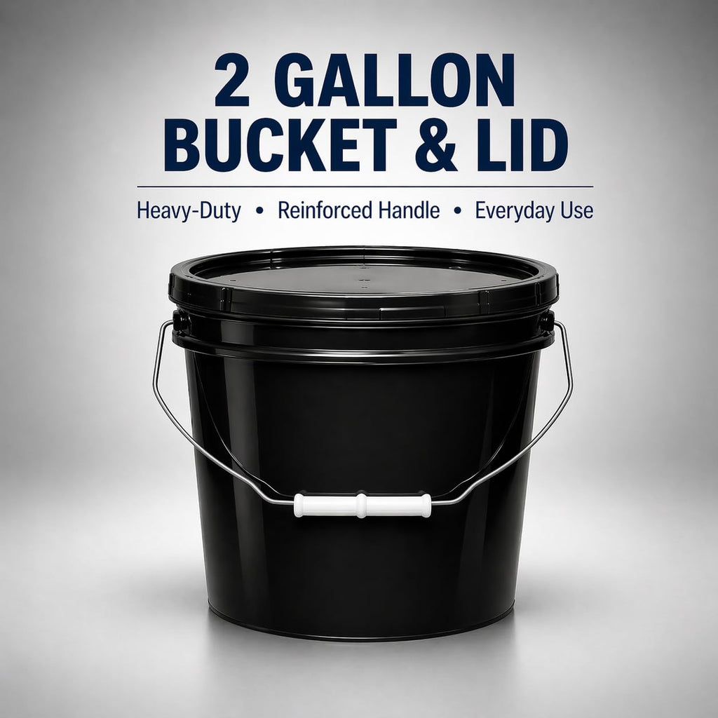 MKS Plastics 2-Gallon Bucket with Airtight Lid – Made in USA, Food Grade BPA Free Plastic, Heavy Duty Multi-Use, Metal Handle with Grip, Stackable Storage – Black, 6 Pack
