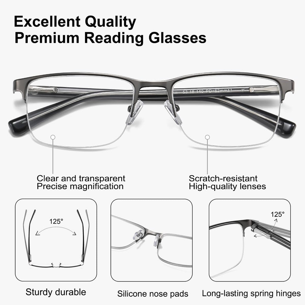 EYECEDAR 5 Pack Reading Glasses for Men Gunmetal Ultra-Thin Stainless Steel Frame Metal Spring Hinges Readers for Men and Women 1.75