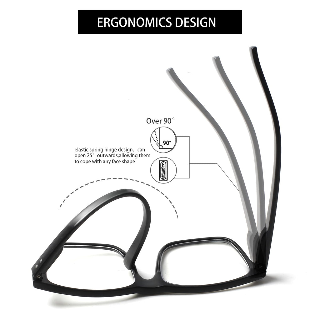 Kerecsen 5 Pack Oversized Reading Glasses Blue Light Blocking Square Large Frame Readers for Men and Women (5 Black, 1.75, x)