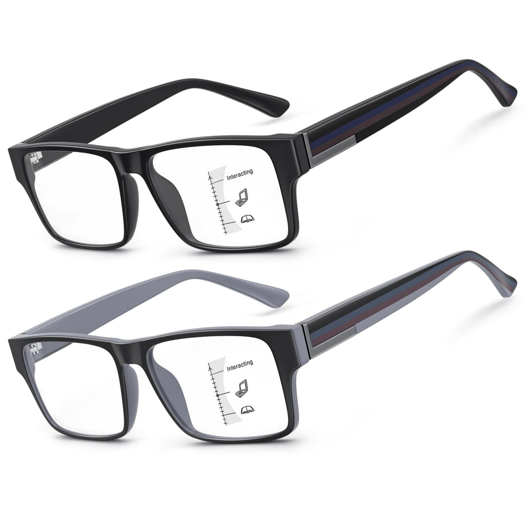 2 Pack Excellent Unbreakable Progressive Multifocus Reading Glasses for Men, TR90 Thick Frame Blue Light Blocking Glasses Anti UV/Eye Strain Computer Readers No-Line Multifocal Eyeglasses, +1.75x