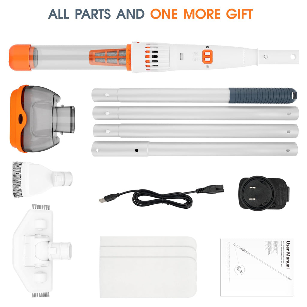 3 in 1 Rechargeable Pool & Spa Hot Tub Vacuum Cleaner - Dual Mode & Magnetic Drive System, 25µm Ultra Fine Mesh Filters for Hot Tub, Small Above Ground Pools, 70 Mins (Orange)