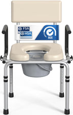 HolyHeal Drop Arm Bedside Commode, Commode Toilet with Padded Seat and Backrest, 400lbs Capacity, 6.3QT Removable Bucket and Splash Guard, Adjustable Height Portable Toilet for Adults, Beige