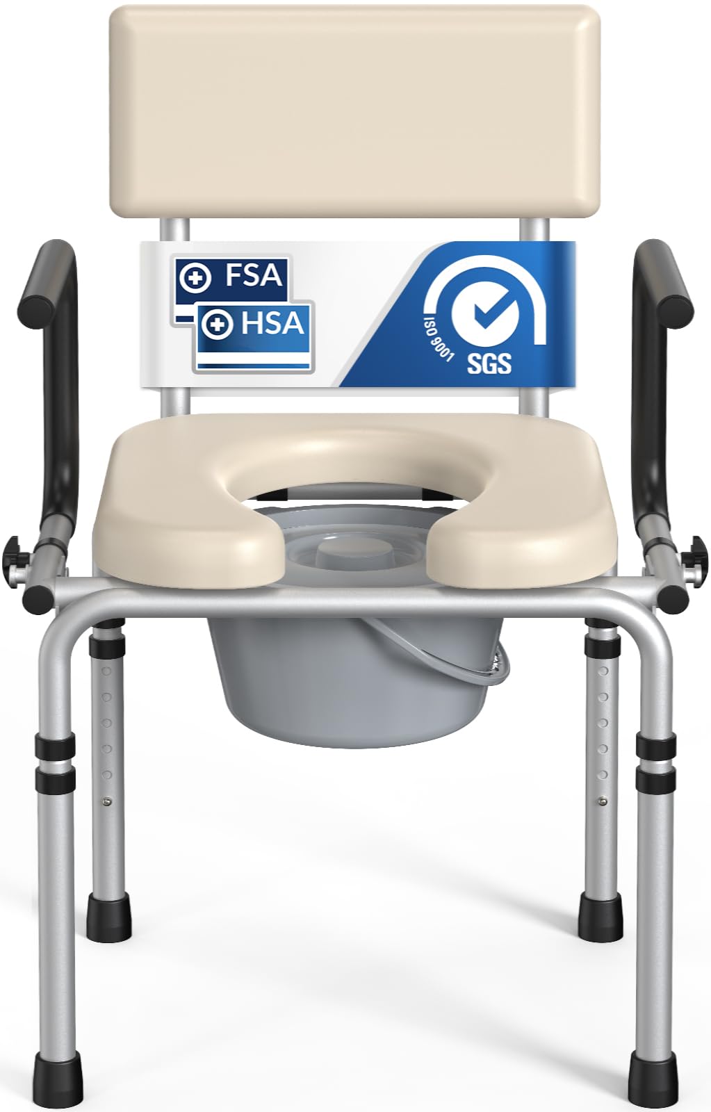 HolyHeal Drop Arm Bedside Commode, Commode Toilet with Padded Seat and Backrest, 400lbs Capacity, 6.3QT Removable Bucket and Splash Guard, Adjustable Height Portable Toilet for Adults, Beige