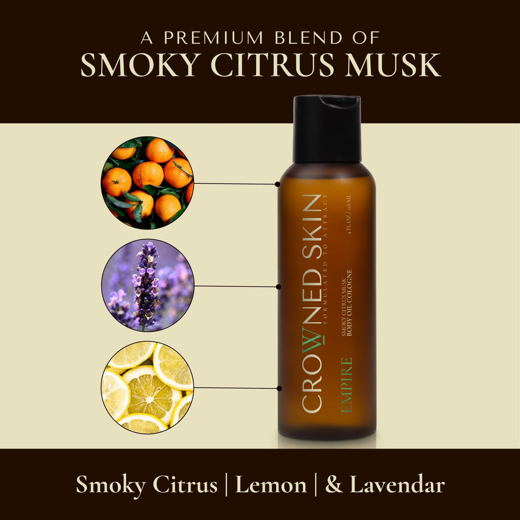 Crowned Skin Empire Body Oil Cologne for Men | Smoky Citrus Musk | New Moisturizing Formula Scented with Lemon & Lavender | Infused with Natural Jojoba & Grapeseed Oil | All-Day Fragrance | 4oz
