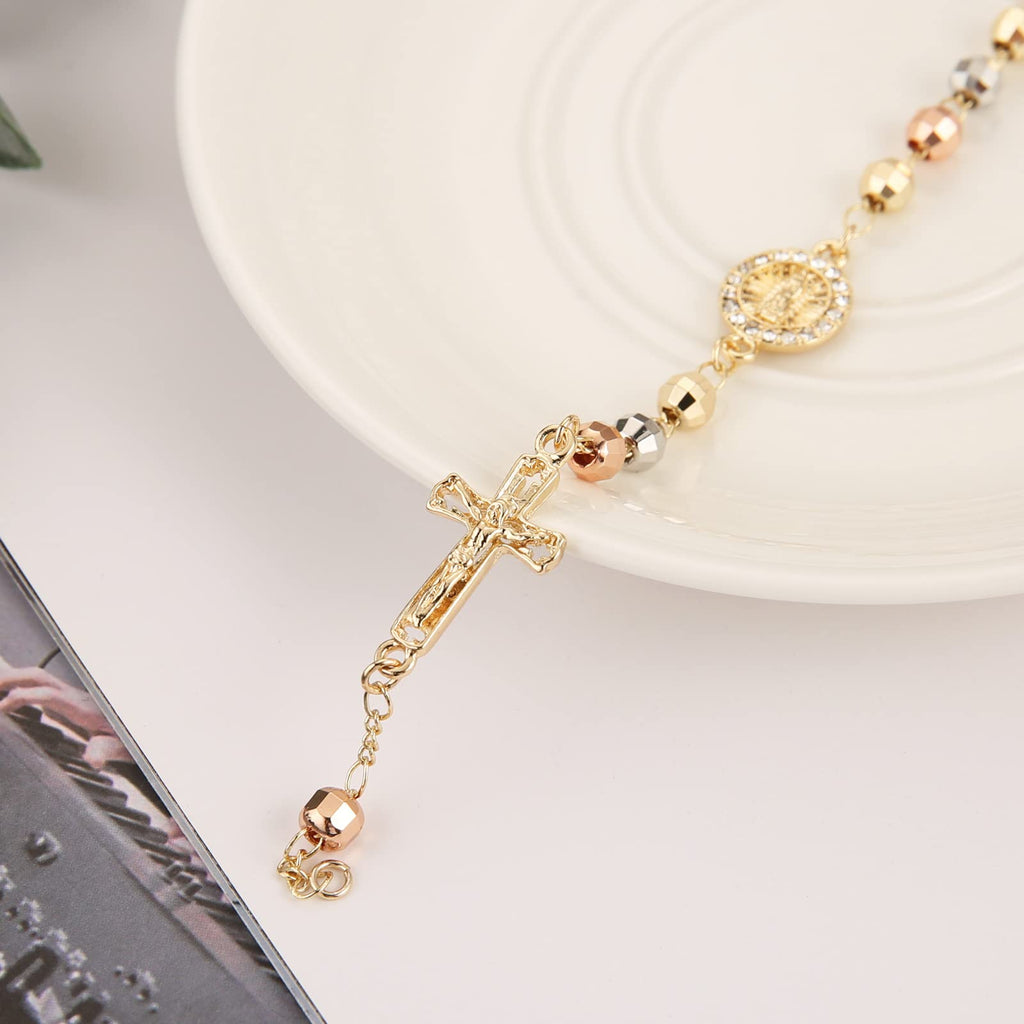 HZMAN Brass Virgin Mary Cross Rosary Bead Bracelet for Women